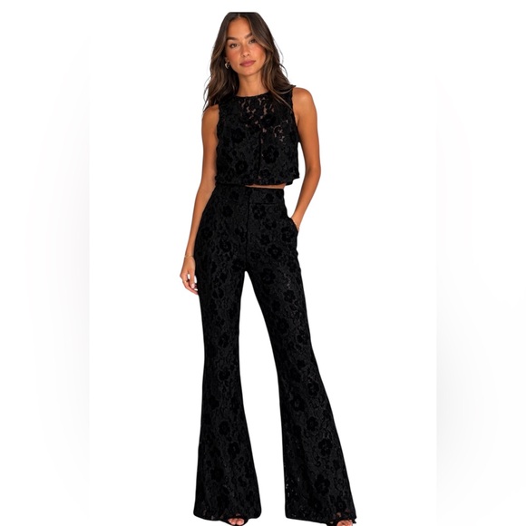 Avec Les Filles Black Lace Two Piece Suit Set Luxe Chic Vest Flared Pants Small - Picture 11 of 11